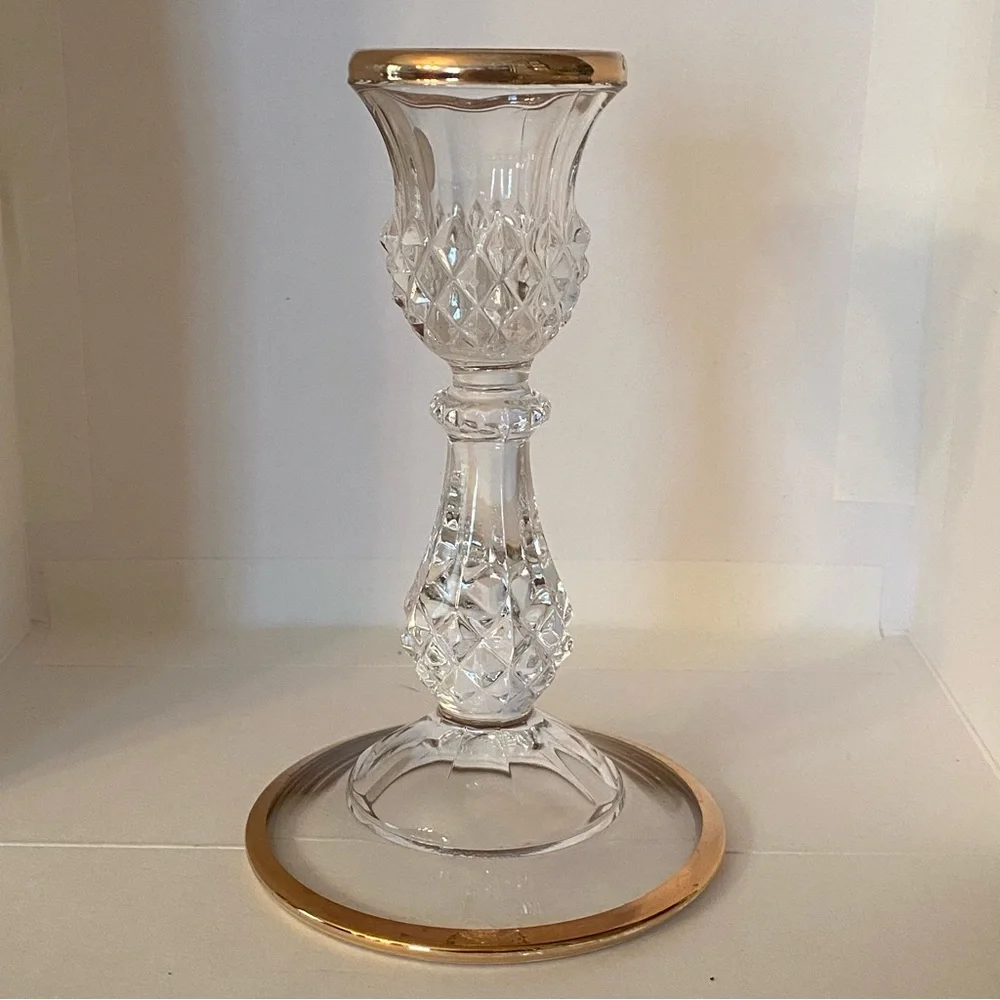 Cristal D’Arque France Cut Crystal Candle Holder W/ Gold Trim 6.5” Elegant EUC